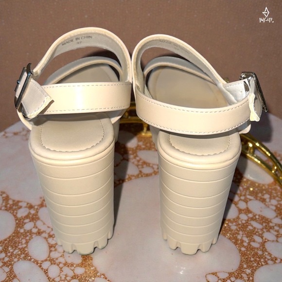 6.5 37 Cream Platform Chunky Heel Sandals Ankle Strap Shoes Ivory Retro Vegan - Picture 5 of 6